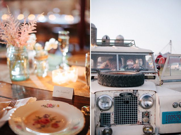 madison barn wedding photographers, vintage china rental, blue mason jars, babies breath, burlap, vintage land rover