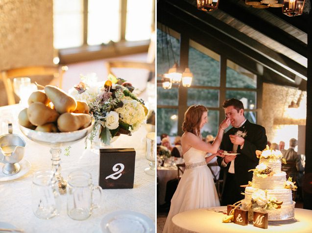 Rustic Wisconsin Fall Wedding Lake Geneva Film Wedding Photographer, handpainted wooden signs, wedding signs, brown fall pears, wedding cake