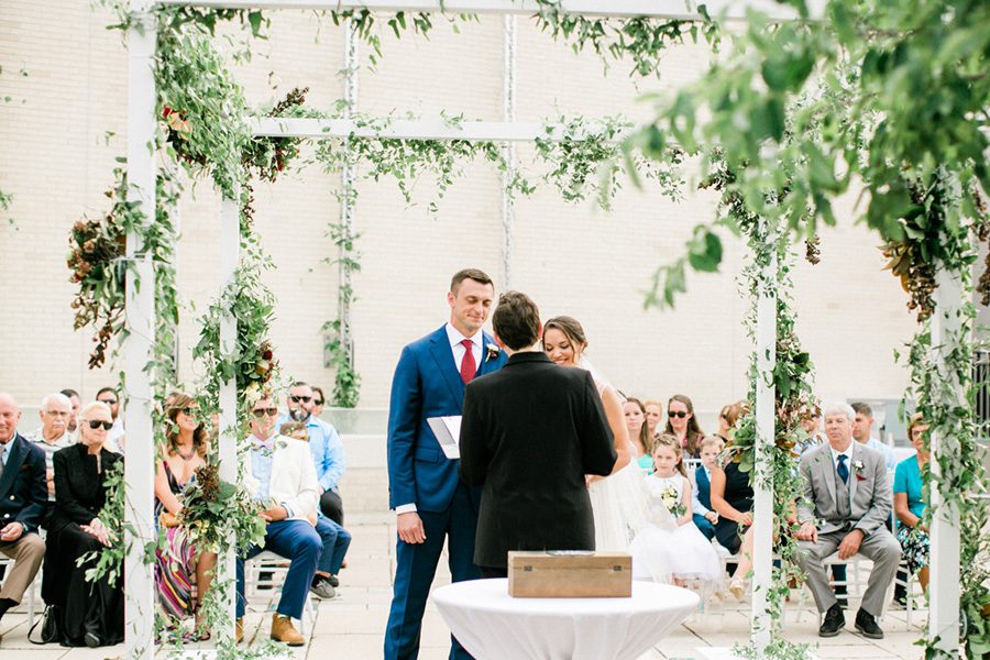 MMoCA Madison Wedding Photographers Cherry Blossom Events Carly McCray, black and white bride, wedding photos, daffodil parker, bridal bouquet, modern bouquet, custom chuppah