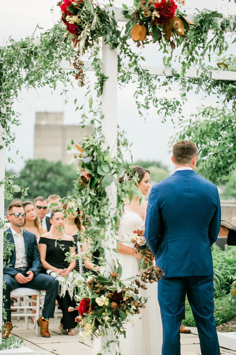 MMoCA Madison Wedding Photographers Cherry Blossom Events Carly McCray, black and white bride, wedding photos, daffodil parker, bridal bouquet, modern bouquet, custom chuppah