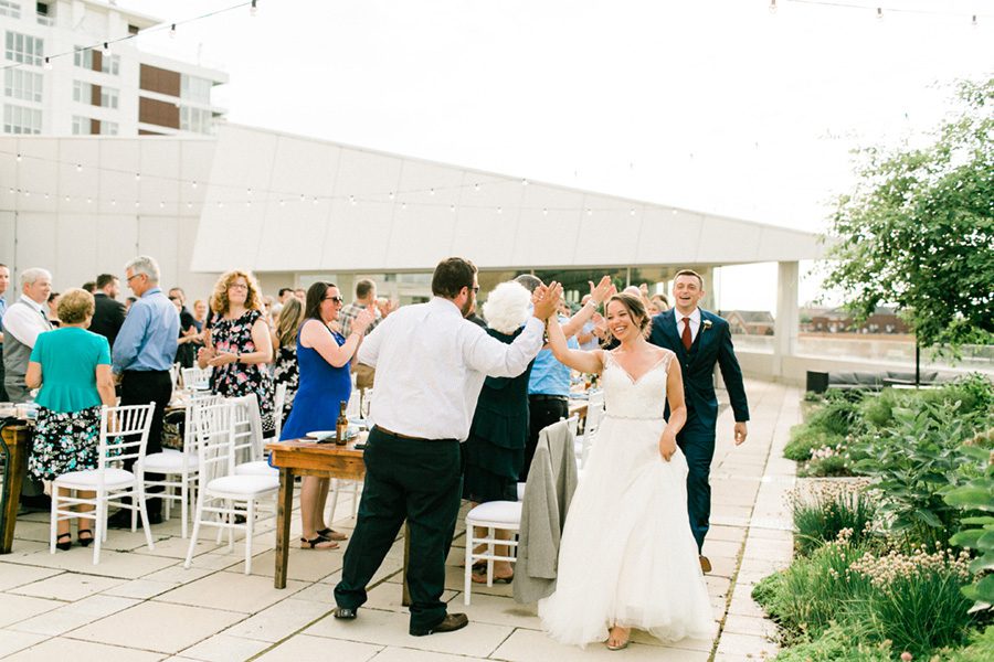 MMoCA Madison Wedding Photographers Cherry Blossom Events Carly McCray, black and white bride, wedding photos, daffodil parker, bridal bouquet, modern bouquet, custom wedding signage hand lettering, farm tables