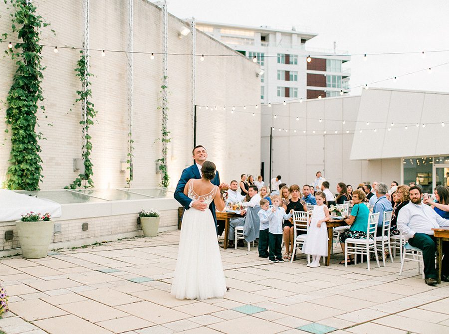 MMoCA Madison Wedding Photographers Cherry Blossom Events Carly McCray, black and white bride, wedding photos, daffodil parker, bridal bouquet, modern bouquet, custom wedding signage hand lettering, farm tables